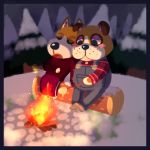  1:1 2019 animal_crossing anthro blush booker_(animal_crossing) bottomwear canid canine canis clothing copper_(animal_crossing) domestic_dog duo eyes_closed fire mammal nintendo outside overalls pants shirt sitting slightly_chubby snow soyothenerd topwear video_games 