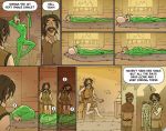  animal_skin clothing comic costume eating egg english_text female fursuit green_body green_scales human humanoid humor invalid_tag male mammal monster_girl_(genre) oglaf reptile scales scalie skinsuit sleeping snake text tight_clothing webcomic 