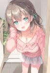  1girl bare_shoulders blue_eyes blue_ribbon blush braid breasts brown_hair cleavage collarbone commentary_request doorway earrings eyebrows_visible_through_hair hair_ribbon hand_in_hair hand_up heart heart_necklace jewelry kurasawa_moko leaning_forward long_sleeves looking_at_viewer medium_breasts medium_hair mole mole_on_breast off-shoulder_sweater off_shoulder open_mouth opening_door original pink_sweater plant pleated_skirt ribbed_sweater ribbon skirt solo standing sweater wooden_floor 