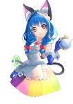  1girl absurdres alternate_costume animal_ear_fluff animal_ears apron bangs blue_gloves blue_hair bow bowtie braid cat_ears cat_tail cropped_legs cup elbow_gloves enmaided eyebrows_visible_through_hair fur-trimmed_gloves fur_trim gloves hair_bow highres holding long_hair looking_at_viewer maid maid_headdress multicolored multicolored_clothes multicolored_skirt pleated_skirt precure red_bow red_neckwear simple_background skirt sleeveless solo star_twinkle_precure tail teacup twin_braids twintails white_apron white_background yellow_eyes yuni_(precure) yuutarou_(fukiiincho) 