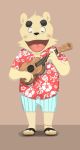  2020 anthro blush bottomwear clothing eyes_closed footwear guitar hi_res humanoid_hands male mammal musical_instrument panda_po plucked_string_instrument sandals shirt shorts simple_background solo string_instrument topwear ursid 