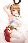  1girl :d absurdres arm_behind_head arm_up armpits ass atelier_(series) atelier_ryza bangs bare_shoulders bed_sheet belt beret black_ribbon blush breasts brown_eyes brown_hair eyebrows_visible_through_hair feet_out_of_frame flask hair_ornament hairclip hat hat_ribbon highres jewelry kotomaru_(sirouko9511) lying medium_breasts midriff necklace on_bed on_side open_mouth red_shorts reisalin_stout ribbon round-bottom_flask round_teeth shirt short_hair short_shorts shorts sideboob skindentation sleeveless sleeveless_shirt smile solo sparkle star star_necklace teeth thighhighs upper_teeth white_headwear white_legwear 