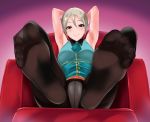  1girl aqua_vest armpits arms_behind_head arms_up ascot bangs black_eyes black_legwear blush breasts closed_mouth collared_vest couch crotch_seam feet feet_up gradient gradient_background grey_hair hair_between_eyes highres idolmaster idolmaster_cinderella_girls looking_at_viewer medium_breasts nishi_(count2.4) panties panties_under_pantyhose pantyhose parted_bangs pov_feet purple_background shiomi_shuuko short_hair sitting smile soles solo thighband_pantyhose toes underwear vest white_panties 