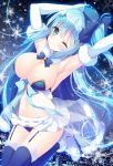  1girl armpits arms_up bare_shoulders blue_bow blue_eyes blue_hair blue_legwear blue_panties bow bowtie breasts cleavage detached_collar elbow_gloves emori_miku emori_miku_project garter_straps gloves gold_trim hair_bow hair_ornament high_heels highres large_breasts leg_up long_hair looking_at_viewer microskirt midriff navel one_eye_closed one_side_up panties pantyshot pleated_skirt revealing_clothes see-through sheer_clothes skirt smile snowflakes solo stomach tanoma_suzume thighhighs underwear very_long_hair white_footwear white_gloves white_skirt 