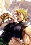  2boys abs bare_shoulders black_shirt blonde_hair clenched_hand dio_brando earrings hankuri jewelry jojo_no_kimyou_na_bouken lipstick makeup male_focus multiple_boys muscle pants purple_eyes purple_lips shirt smile stand_(jojo) the_world vampire 