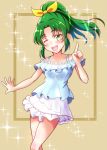  1girl ;d bangs blue_shirt blush bow brown_background eyebrows_visible_through_hair green_eyes green_hair hair_bow hair_intakes high_ponytail highres index_finger_raised kaatsukun long_hair looking_at_viewer midorikawa_nao miniskirt off-shoulder_shirt off_shoulder one_eye_closed open_mouth outstretched_hand precure shiny shiny_hair shirt skirt smile smile_precure! solo sparkle standing white_skirt yellow_bow 