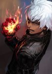  1boy black_jacket blue_eyes dark_skin dark_skinned_male fire gauntlets hand_up hankuri jacket k&#039; open_mouth pyrokinesis short_hair simple_background solo the_king_of_fighters the_king_of_fighters_xiv upper_body v-shaped_eyebrows white_hair 