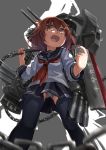  1girl black_legwear blush brown_eyes brown_hair hair_between_eyes hair_ornament hairclip highres ikazuchi_(kantai_collection) kantai_collection long_sleeves machinery neckerchief open_mouth panties pantyshot pleated_skirt school_uniform serafuku short_hair skirt smile thighhighs turret underwear weapon zombie_mogura 