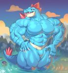  2019 abs anthro big_pecs cloud digital_media_(artwork) featureless_crotch feraligatr hi_res huge_biceps huge_pecs male muscular muscular_male muscular_thighs nintendo open_mouth open_smile partially_submerged pecs pok&eacute;mon pok&eacute;mon_(species) reptile scalie sharp_teeth sky smile solo standing sxfpantera teeth thick_thighs video_games water 