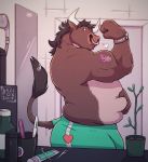  2019 anthro belly belly_grab bottomwear bovid bovine brown_body brown_fur brown_hair cattle clothed clothing digital_drawing_(artwork) digital_media_(artwork) facial_piercing flexing fur green_eyes hair hi_res horn inside jewelry looking_at_viewer male mammal mirror musclegut necklace nose_piercing nose_ring overweight overweight_male piercing pose shorts side_view skaifox solo standing tattoo topless wide_eyed 
