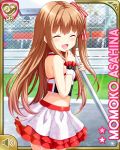  1girl asahina_momoko bare_shoulders breasts brown_hair chain-link_fence character_name closed_eyes detached_collar fence from_side girlfriend_(kari) hand_to_own_mouth holding long_hair midriff miniskirt necktie official_art open_mouth outdoors qp:flapper race_queen red_neckwear ribbon shirt side_ponytail sign skirt small_breasts smile solo strapless_shirt white_shirt white_skirt wrist_cuffs 