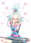  1girl 5t bass_guitar blush closed_eyes dress forehead freckles hair_bobbles hair_ornament homika_(pokemon) instrument petals pokemon pokemon_(game) pokemon_bw2 sitting sneezing solo striped striped_dress white_hair 