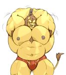  2019 anthro armpit_hair biceps big_muscles body_hair briefs brown_hair brown_nipples brown_nose bulge clothed clothing duke_(megawaffle) felid fur hair hi_res huge_muscles lion male mammal megawaffle_(artist) muscular muscular_male nipples pantherine pawpads pecs quads simple_background solo standing topless triceps underwear underwear_only white_background wrestler yellow_body yellow_fur 