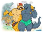  anthro arthropod big_bulge big_pecs big_penis blush bottomwear bowser bulge clothed clothing crab crossover crustacean decapoda dialogue digital_media_(artwork) dragon duo_focus english_text genitals godzilla godzilla_(series) grin group hand_holding huge_biceps huge_bulge huge_pecs huge_penis human hydra kaiju king_ghidorah koopa lizard luigi malacostracan male male/male mammal marine mario_bros muscular muscular_male nintendo nude open_mouth open_smile pecs penis reptile scalie sharp_teeth simple_background smile sxfpantera teasing teeth text thick_thighs toho video_games western_dragon 