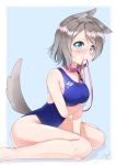  1girl animal_ears blue_background blue_eyes blue_swimsuit border breasts collar competition_swimsuit dog_collar dog_ears dog_tail grey_hair haruna_miyabi highres kemonomimi_mode leash looking_at_viewer love_live! love_live!_sunshine!! medium_breasts one-piece_swimsuit short_hair sitting smile solo swimsuit tail two-tone_background wariza watanabe_you white_border 