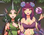  2girls ahri alternate_costume alternate_eye_color alternate_hair_color alternate_skin_color arm_at_side artist_name bracer breasts brown_cape brown_eyes cape cleavage dryad_soraka elderwood_ahri eyeshadow facial_mark flower green_eyes green_lips grey_background hair_flower hair_ornament hand_up highres holding holding_staff horn horns league_of_legends long_hair makeup medium_breasts midriff multiple_girls nanumn navel orb pointy_ears purple_hair purple_nails simple_background soraka staff tattoo upper_body 