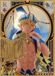  1boy abs arabian_architecture arabian_clothes bangs blonde_hair book chest close-up earrings fate/grand_order fate_(series) gilgamesh gilgamesh_(caster)_(fate) hat jewelry long_hair male_focus navel red_eyes simple_background solo upper_body 