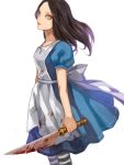  1girl alice:_madness_returns alice_(wonderland) american_mcgee&#039;s_alice apron black_hair blood breasts closed_mouth commentary_request dress jupiter_symbol knife long_hair looking_at_viewer pantyhose popompon simple_background solo striped striped_legwear weapon white_background 
