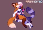  2020 absurd_res anal anthro anthro_on_anthro bastion canid canine dildo duo fox fur hi_res knotted_dildo mammal nude one_eye_closed open_mouth orange_body orange_fur pawpads sex_toy simple_background soles teeth tongue toying_partner 