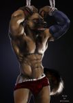  2020 abs anthro armwear bdsm biceps bondage bound brown_body brown_fur bulge butt canid canine canis clothing digital_media_(artwork) domestic_dog english_text epic_soul fangs fingers fur german_shepherd herding_dog hi_res male mammal muscular muscular_male nipples open_mouth pastoral_dog pecs red_eyes rope simple_background solo standing tattoo teeth text tongue underwear whiskers yellow_eyes 