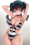  1girl armpits arms_behind_head arms_up bangs black_hair blue_hair blush breasts cameltoe casual_one-piece_swimsuit character_request cleavage closed_mouth collarbone cowboy_shot curvy eyebrows_visible_through_hair gradient gradient_background gradient_hair grey_background groin highres large_breasts looking_at_viewer love_live! love_live!_sunshine!! multicolored_hair navel navel_cutout one-piece_swimsuit pink_eyes purple_hair ribbon skindentation solo striped striped_swimsuit swimsuit tem10 tsushima_yoshiko 