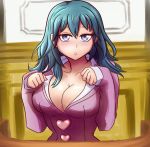  1girl aqua_hair blue_eyes blush breasts byleth_(fire_emblem) byleth_(fire_emblem)_(female) cleavage collarbone cosplay fire_emblem fire_emblem:_three_houses gyakuten_saiban gyakuten_saiban_1 looking_at_viewer paw_pose seiyuu_connection shochiku_umeyo shochiku_umeyo_(cosplay) solo upper_body 