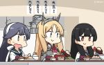  3girls ahoge black_hair blonde_hair blue_eyes blue_sailor_collar bottle bowl breasts brown_eyes commentary_request dated feet flower gloves hair_ribbon hairband hamu_koutarou headgear highres isokaze_(kantai_collection) kantai_collection large_breasts long_hair long_sleeves military military_uniform multiple_girls nelson_(kantai_collection) red_eyes red_flower red_rose ribbon rose sailor_collar school_uniform serafuku smile soy_sauce translation_request tress_ribbon uniform upper_body ushio_(kantai_collection) white_gloves white_hairband 