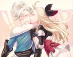  1boy 1girl ahoge ass blonde_hair blue_eyes blush bow bravely_default:_flying_fairy bravely_default_(series) commentary_request edea_lee gloves grey_hair hair_bow long_hair open_mouth ringabel satou_kivi 