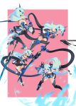  1girl bare_shoulders black_footwear black_gloves black_skirt blue_eyes blue_gloves blue_hair blush eyebrows_visible_through_hair gloves hair_between_eyes headgear high_heels highres holding holding_sword holding_weapon honkai_(series) honkai_impact_3rd liliya_olenyeva long_hair naoya_come simple_background skirt sword tail thighhighs throwing two-tone_background weapon white_background 