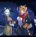  2020 amber_eyes anthro blue_eyes breasts cheek_tuft city cityscape clothed clothing digital_media_(artwork) dreamworks duo emanata facial_tuft fangs felid female fully_clothed fur hi_res holding_cup holding_object kung_fu_panda looking_at_viewer mammal master_tigress pantherine purse sea skykain smile snow_leopard song_(kung_fu_panda) spots spotted_body spotted_fur striped_body striped_fur stripes tiger tuft umbrella water whiskers yellow_sclera 