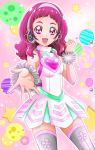  1girl :d alternate_costume bangs breasts covered_nipples cowboy_shot dress grey_legwear hanzou headphones highres hugtto!_precure long_hair looking_at_viewer nono_hana open_mouth outstretched_arm outstretched_hand pink_eyes pink_hair precure reaching_out shiny shiny_hair short_dress sleeveless sleeveless_dress small_breasts smile solo standing thighhighs white_dress zettai_ryouiki 