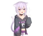  amashiro_natsuki animal_ears cat_smile collar fang hololive hoodie navel nekomata_okayu purple_eyes purple_hair short_hair tail white 