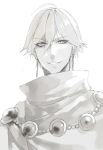  1boy ahoge cape earrings fate/prototype fate/prototype:_fragments_of_blue_and_silver fate_(series) greyscale jewelry male_focus misamisa21 monochrome ozymandias_(fate) portrait smile solo upper_body 