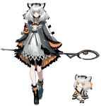  1girl animal_ears arknights boots chibi dress full_body holding holding_staff jacket long_hair looking_at_viewer lunch_(lunchicken) orange_eyes ptilopsis_(arknights) simple_background solo staff 
