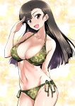  1girl :d arm_behind_back bikini breasts brown_eyes brown_hair camouflage camouflage_bikini collarbone commentary_request eyebrows_visible_through_hair girls_und_panzer hand_up highres large_breasts long_hair looking_at_viewer nakahira_guy navel nishi_kinuyo open_mouth salute side-tie_bikini smile solo swimsuit 