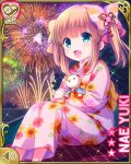  1girl blue_eyes bow brown_hair character_name fireworks floral_print girlfriend_(kari) hair_bow hug japanese_clothes kimono long_hair night night_sky obi object_hug official_art open_mouth outdoors pink_kimono print_kimono qp:flapper ribbon sash sitting sky smile solo stuffed_animal stuffed_toy teddy_bear twintails yukata yuuki_nae 