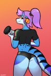  2:3 anthro arwokom athletic bright_colors butt dumbbell exercise female looking_at_viewer mammal scalie simple_background smile solo sport sportswear standing weights workout 