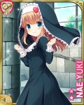  1girl arms_up black_dress blue_eyes brown_hair character_name clenched_hands dress from_side girlfriend_(kari) habit hair_ornament heart heart_hair_ornament indoors jewelry long_hair looking_back necklace nun official_art qp:flapper smile solo stairs window yuuki_nae 