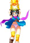  1girl betuni black_hair blue_eyes boots breasts cape circlet commentary_request dragon_quest dragon_quest_iii fireball gloves groin highres looking_at_viewer magic open_mouth panties roto short_hair simple_background solo thighhighs underwear white_background 