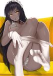  1girl absurdres ahoge ass bangs black_hair blue_archive blush bra bra_lift breasts commission couch dark_skin dark_skinned_female eyebrows_visible_through_hair frilled_bra frills gloves hair_between_eyes highres karin_(blue_archive) large_breasts legs_up long_hair looking_at_viewer maid_headdress micro_bra mouth_hold panties panty_pull pantyhose pantyhose_pull partially_visible_vulva sitting smile solo string_panties tian_kazuki underwear very_long_hair white_bra white_gloves white_legwear white_panties yellow_eyes 