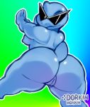  2019 4_fingers absurd_res anthro big_butt biped blue_background blue_body blue_scales blue_tail breasts butt digital_media_(artwork) dorkinhorkin eyewear female fingers genitals gradient_background green_background hi_res looking_at_viewer looking_back nintendo nipples nude pok&eacute;mon pok&eacute;mon_(species) pose pussy rear_view scales signature simple_background smile solo squirtle sunglasses video_games 
