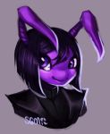  1girl antennae black_hair closed_mouth clouded-3d creature face grey_background hair_between_eyes happy neopets no_humans purple_eyes purple_skin purple_theme ruki_(neopets) short_hair signature simple_background smile solo 