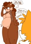  2020 anthro archie_comics breasts canid canine chipmunk dialogue duo english_text featureless_breasts female fox genitals ground_squirrel hi_res male mammal miles_prower navel pleasure_castle pregnant pussy rodent sally_acorn sciurid sonic_the_hedgehog_(archie) sonic_the_hedgehog_(comics) sonic_the_hedgehog_(series) speech_bubble text video_games 