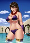 1girl bangs bare_shoulders bead_necklace beads bikini blue_sky blush breasts brown_hair cleavage desert earrings fate/grand_order fate_(series) gonoike_biwa hair_between_eyes hand_on_own_chest highres hoop_earrings jewelry lake large_breasts long_hair looking_at_viewer low-tied_long_hair navel necklace oasis open_mouth prayer_beads purple_bikini purple_eyes purple_legwear sky solo swimsuit thighhighs thighs wading wet xuanzang_(fate/grand_order) 