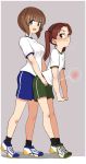  2girls :d aomushi_(mushamusha) black_legwear blue_shorts border breasts brown_eyes brown_hair commentary_request eyebrows_visible_through_hair fertilization flat_chest full_body girls_und_panzer green_shorts grey_background gym_shorts gym_uniform highres impregnation kadotani_anzu long_hair looking_at_viewer medium_breasts multiple_girls nishizumi_miho open_mouth ovum shoes short_hair shorts simple_background smile sneakers socks sperm_cell standing twintails white_border 