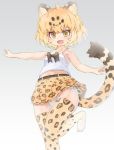  1girl :d ahoge animal_ear_fluff animal_ears bangs belt black_bow blonde_hair bow breasts commentary extra_ears eyebrows_visible_through_hair fang gradient gradient_background grey_background jaguar_(kemono_friends) jaguar_ears jaguar_print jaguar_tail kemono_friends kolshica looking_at_viewer midriff_peek navel open_mouth outstretched_arm panties pleated_skirt print_legwear print_skirt short_hair side-tie_panties simple_background skirt small_breasts smile solo spaghetti_strap standing standing_on_one_leg tail thighhighs underwear white_panties yellow_eyes younger 