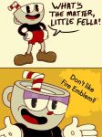  2020 :d ? animate_inanimate black_eyes bottomwear close-up clothed clothing cup cuphead_(character) cuphead_(game) dialogue edit english_text footwear for_a_head gloves half-closed_eyes handwear lacthewatcher looking_at_viewer male meme narrowed_eyes not_furry object_head open_mouth question red_nose red_tongue shirt shoes shorts simple_background smile smug solo standing straw talking_to_viewer text tongue topwear video_games white_background yellow_background 