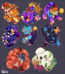  2018 :d blush bowser bracelet breathing_fire brown_eyes claws commentary creature digimon dragon english_commentary fire full_body gen_1_pokemon gen_4_pokemon grey_background happy highres horn horns jewelry kougra looking_at_viewer luxray mario_(series) neck_ribbon neopets no_humans one_eye_closed open_mouth pokemon_(creature) purple_eyes ribbon signature smile spiked_bracelet spikes spyro_(series) spyro_the_dragon star terriermon vani vulpix yellow_eyes zafara 