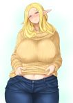  1girl amano_jack_(paradise_jack) blonde_hair blush breasts clothes_lift elf large_breasts long_hair long_pointy_ears looking_at_viewer mature navel original pants pointy_ears ribbed_sweater simple_background solo sweater sweater_lift 