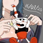  1:1 2020 :d animate_inanimate beverage big_breasts big_dom_small_sub black_eyes blush bodily_fluids bottomwear breasts byleth_(fire_emblem) close-up clothed clothing crossover cup cuphead_(character) cuphead_(game) drinking female fire_emblem fire_emblem_three_houses footwear for_a_head gloves grey_background hair half-closed_eyes hand_on_head handwear hi_res human long_hair looking_pleasured male male/female mammal narrowed_eyes nintendo not_furry object_head octobola open_mouth red_nose red_tongue shirt shoes shorts simple_background sipping size_difference smile straw sweat teal_hair tongue topwear video_games 